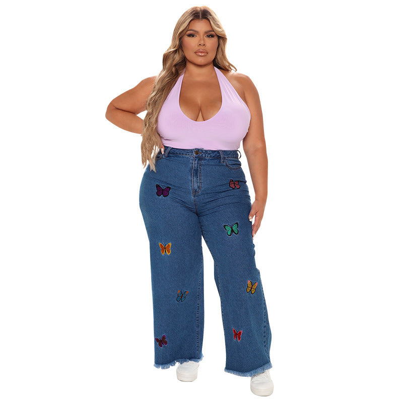 21828 european and american cross-border women's spring new embroidered washed sexy denim jeans  new plus size