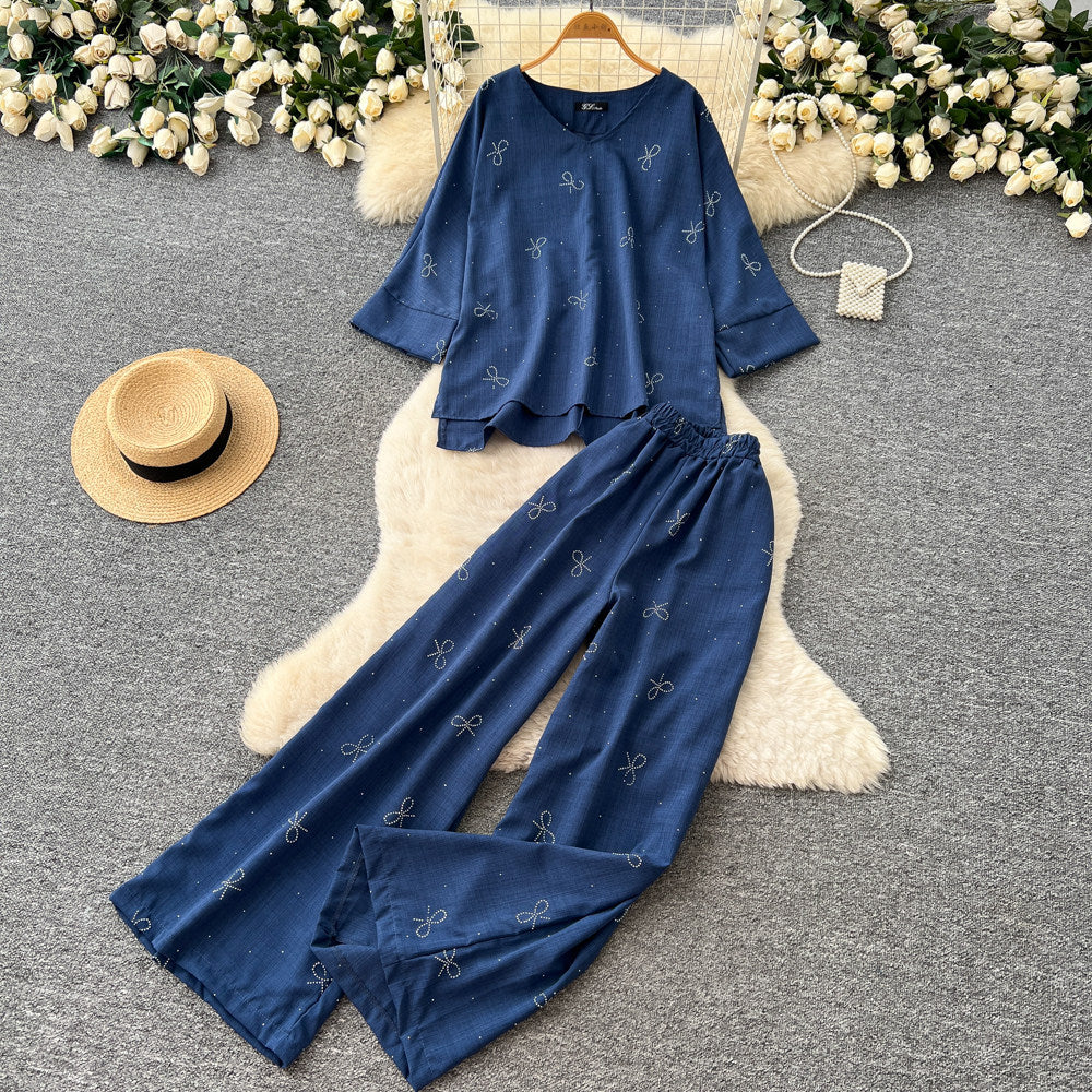Light mature style round neck sweetbowsprintingtwo-piece set women's spring autumwork clothing style three-quarter sleeve fashionablesuit