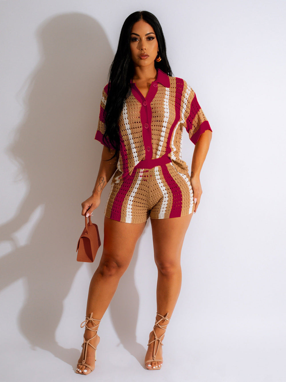 Amazon hot selling european and american women's clothing sexy women's cut out see-through contrast color lapel knitting shorts suit
