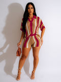 Amazon hot selling european and american women's clothing sexy women's cut out see-through contrast color lapel knitting shorts suit