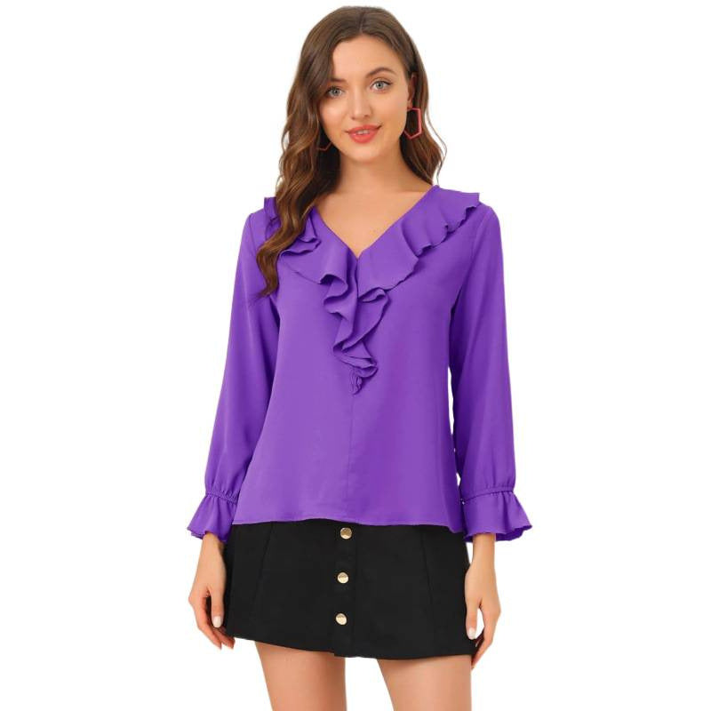 Amazon fashion ruffles chiffon long sleevesshirt women's  spring new arrival pure desire v necktops women