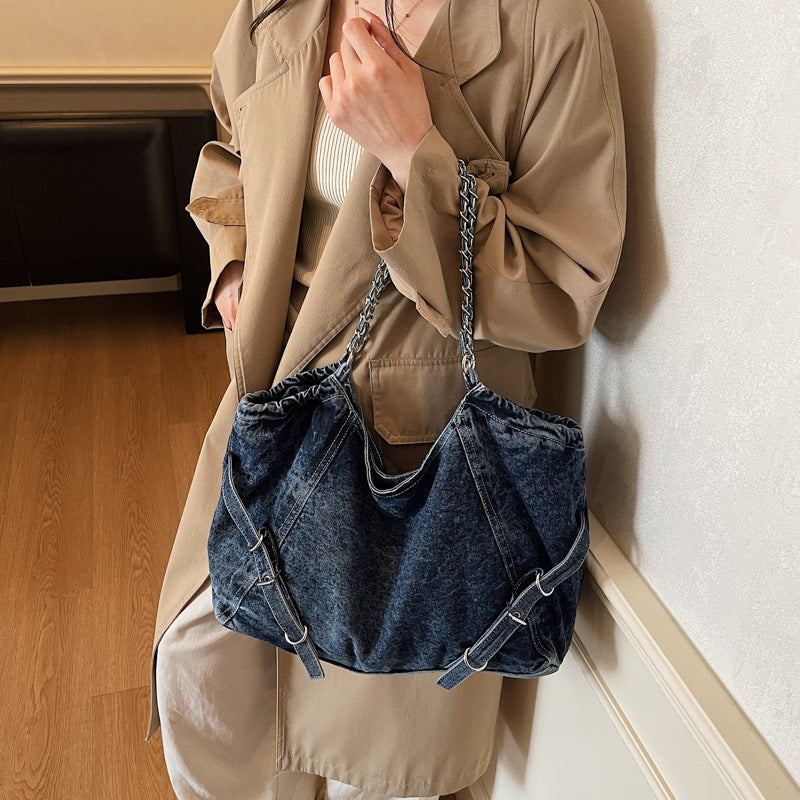 Autumn new arrival: large capacity denim tote bag - british style student school bag, shoulder bag, niche trendy handbag