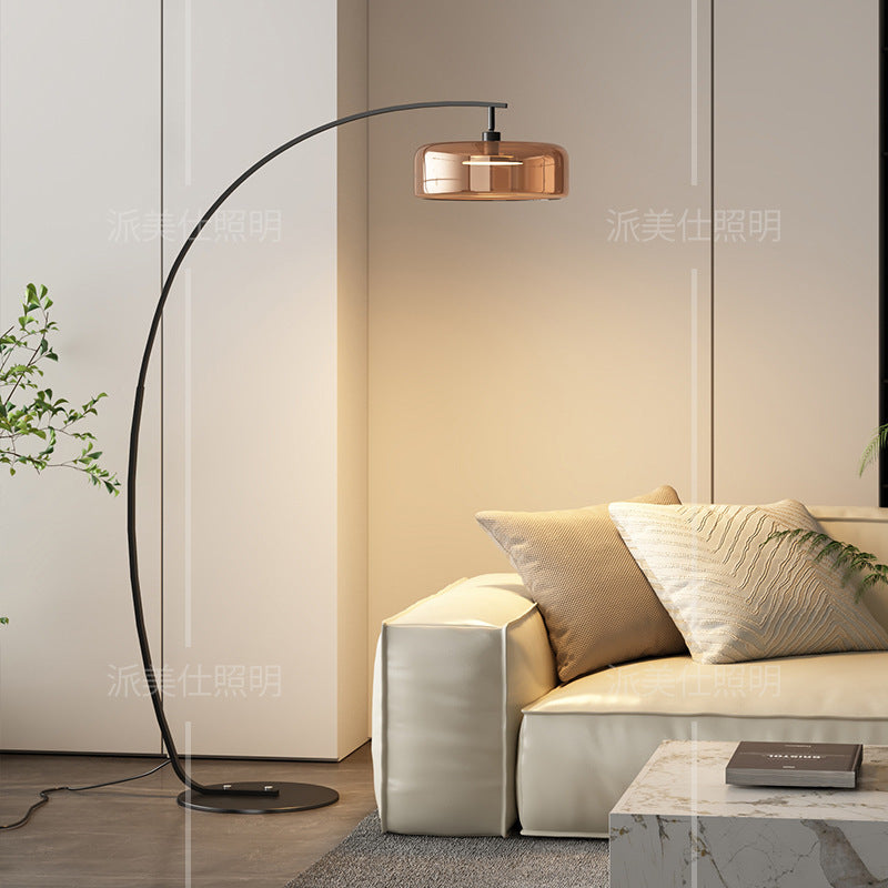 Minimalist floor lamp, premium glass, gray italian style, living room ambiance, beside sofa, light luxury table lamp, standing bedside reading lamp