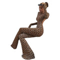 women's leopard print jumpsuit - slim fit, printed, long sleeve, open back bodysuit - european & american style