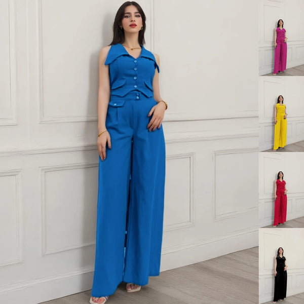 2025 spring and summer new European and American  women's clothing solid color top sleeveless waist two-piece casual trousers set
