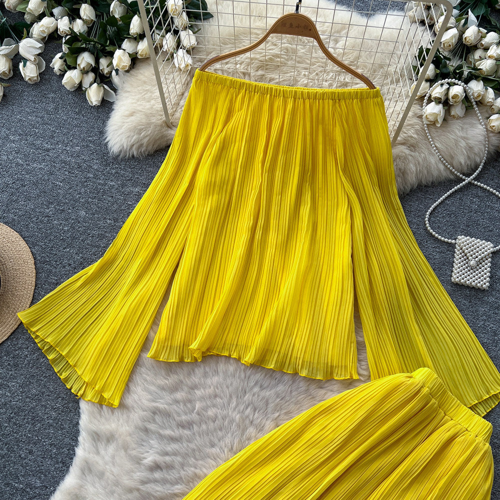 Vacation style yellow one shoulder two-piece set women's spring autum pleated long sleevespleated skirtelegantsuit dopamine style