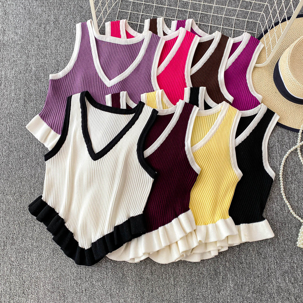 Sweet and spicy girl niche color-block v-neck sleeveless knit tank top for women,  summer new style, ruffle trim, slim fit, figure-flattering top