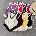Sweet and spicy girl niche color-block v-neck sleeveless knit tank top for women,  summer new style, ruffle trim, slim fit, figure-flattering top