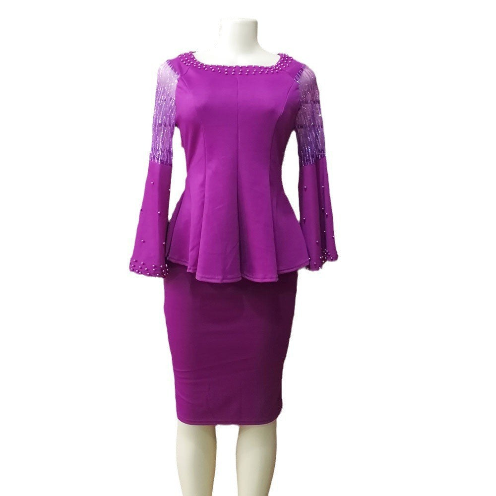 supply horn sleeves beaded sparkling sequin waist lotus leaf tops + skirt suit hot sale special price big sale