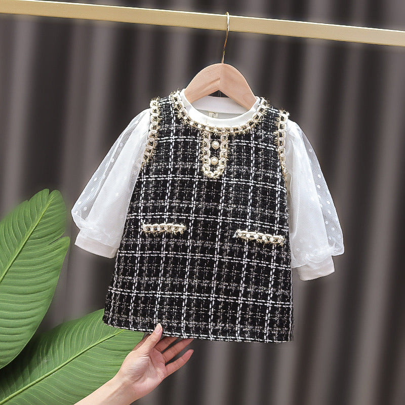 Dress spring & fall women's k-style princess dress plaid white long sleeves princess children's clothing
