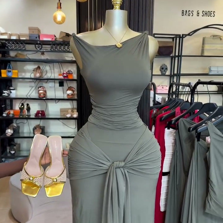 European and american cross-border women's fashion  summer new arrival: elegant asymmetrical neck slim-fit top and bodycon tie-waist midi skirt set