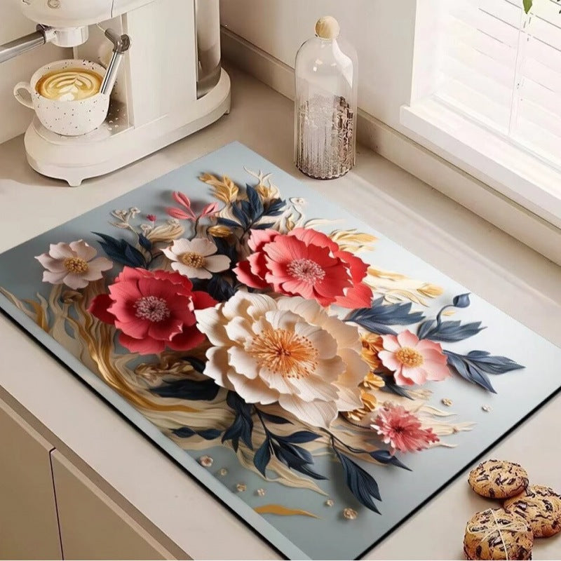 3d floral kitchen draining mat, absorbent mat, household diatomite non-slip mat, dish drying mat, heat-resistant oven mitt placemat