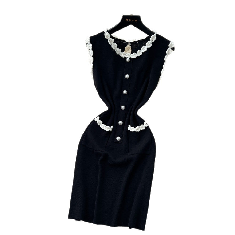 Xiaoxiangfeng pearl sleeveless blackdress women's summer waist slimming look pearl decoration qianjin style knitting skirt