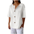 cross-border fashion summer new loose t-shirt women's v neck cotton and linen button tops