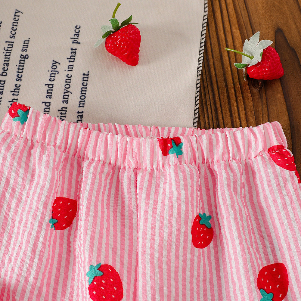 Summer girls' pink striped strawberry sleeveless set - kids' ruffle collar bubble cotton tank top and wide-leg pants two-piece trendy outfit
