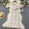 Luxury chic court style collared dress - women's summer hollow-out crochet embroidery single-breasted design exquisite maxi dress