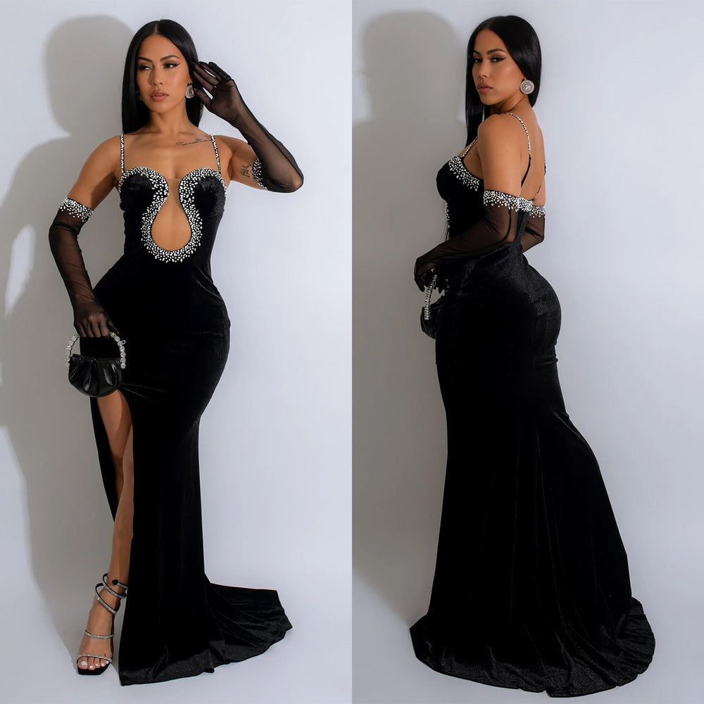 C6786 cross-border   fashion women's solid color sexy bandeau rhinestone embellished maxi dress