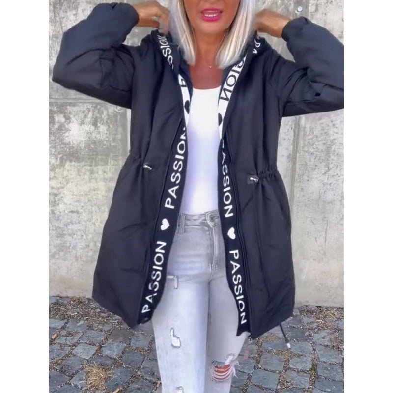 fashionwinternew arrivalcasual hooded drawstring zipper flap pocket pantsletter cotton jacketoutwear women's clothing
