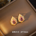 [set] fashion pink zirconium water drop titanium steel necklace earrings light luxury high-end pendant earrings clavicle chain jewelry