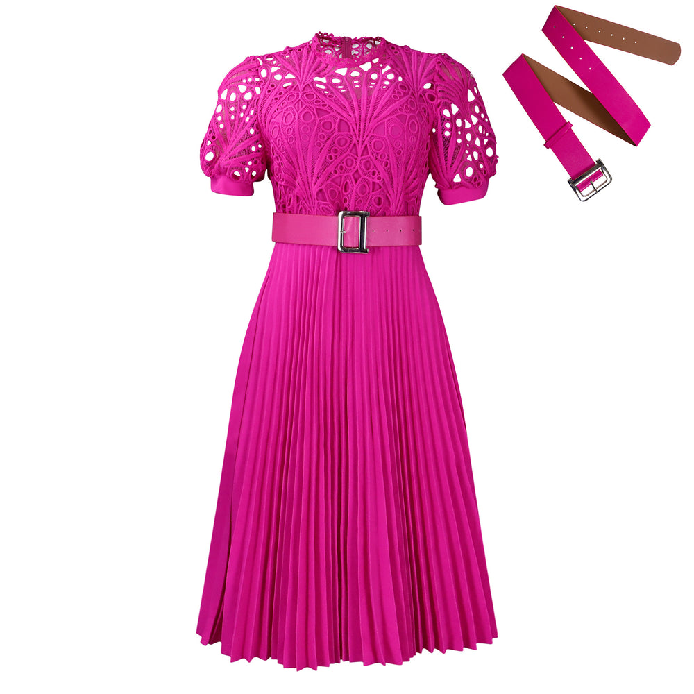 D499 european and american style women's  new short-sleeve lace trim pleated african dress - cross-border evening gown