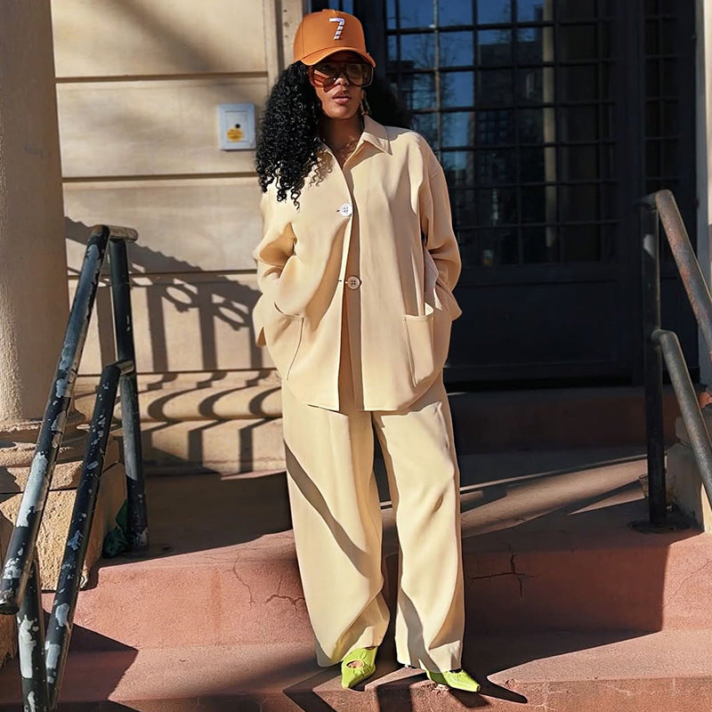 European and american cross-border women's fashion:  summer new collection - stylish turn-down collar, relaxed fit long sleeve shirt and high-waisted wide leg pants set