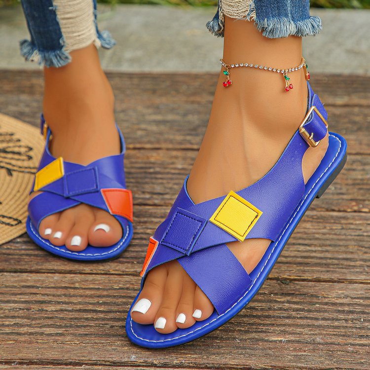 European and american plus size criss-cross strap flat sandals - women's retro color block wide band open toe beach sandals