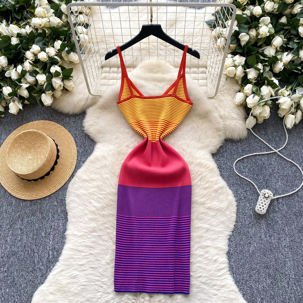 Korean chic summer new arrival: niche retro fashion color block camisole knit dress - women's vacation dress