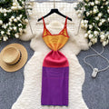 Korean chic summer new arrival: niche retro fashion color block camisole knit dress - women's vacation dress