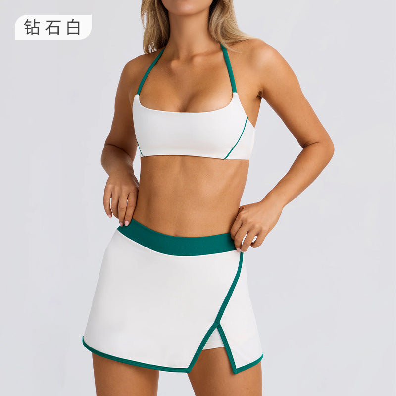 Sexy fitness running outdoor halter sports bra vest camisole yoga tennis skirt set for women