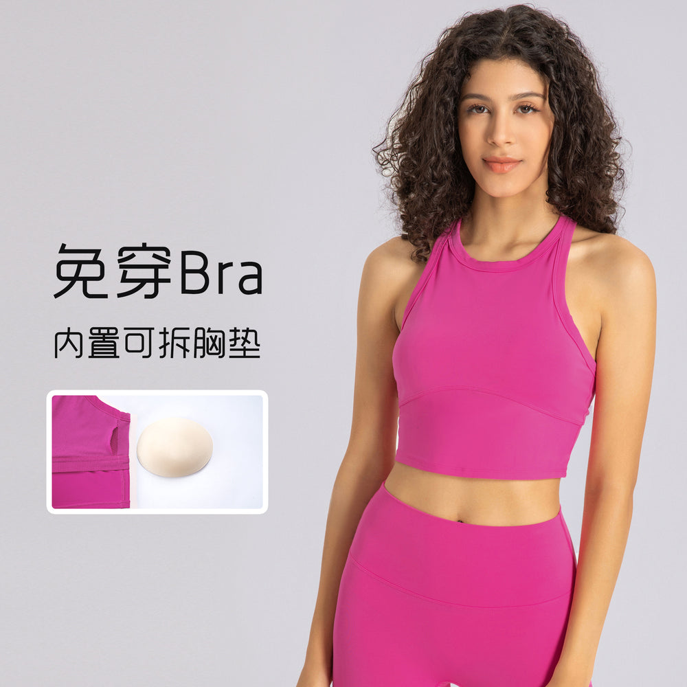 High-stretch yoga tank top for women, featuring built-in bra pads, anti-slip design, shockproof sports bra, high neckline, and side support to minimize underarm bulge. model et001