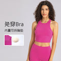 High-stretch yoga tank top for women, featuring built-in bra pads, anti-slip design, shockproof sports bra, high neckline, and side support to minimize underarm bulge. model et001