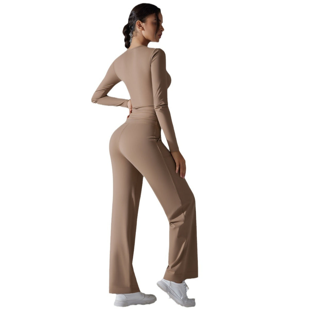 High-waisted, butt-lifting, drawstring wide-leg pants with a barely-there feel, paired with a form-fitting, long-sleeved yoga top. breathable, quick-drying, perfect for outdoor running and fitness