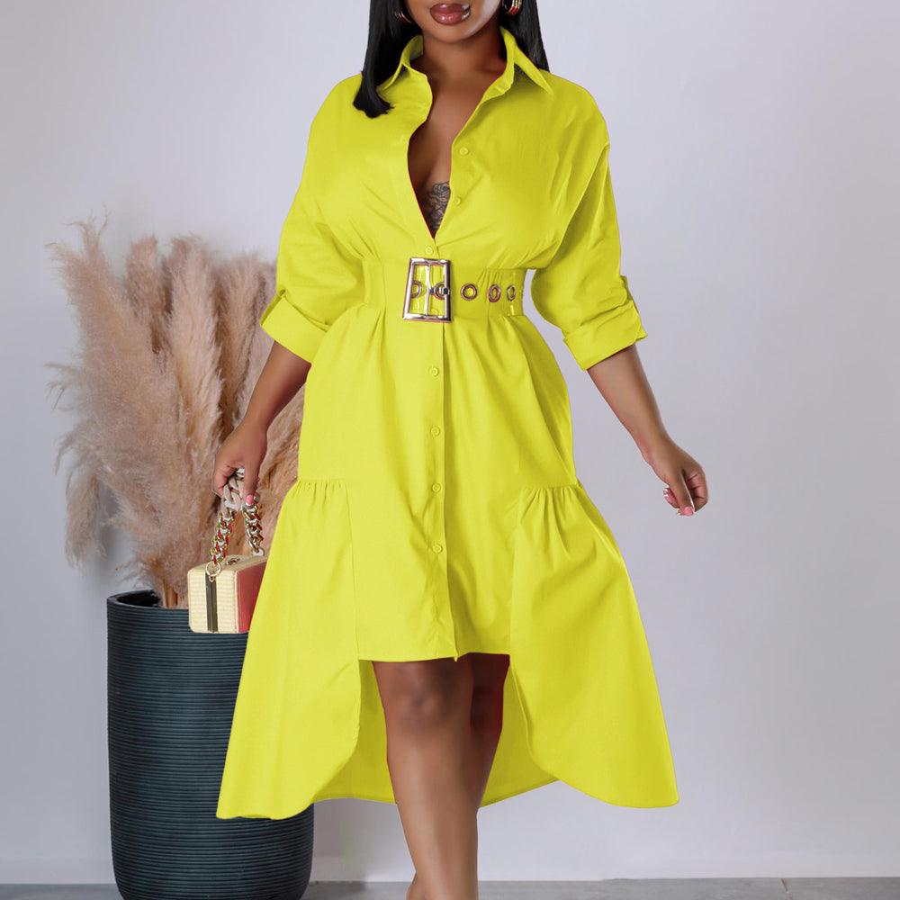 D3278export women's lapel pure colorfashionloosecasual button shirt skirt asymmetricalfashiondress