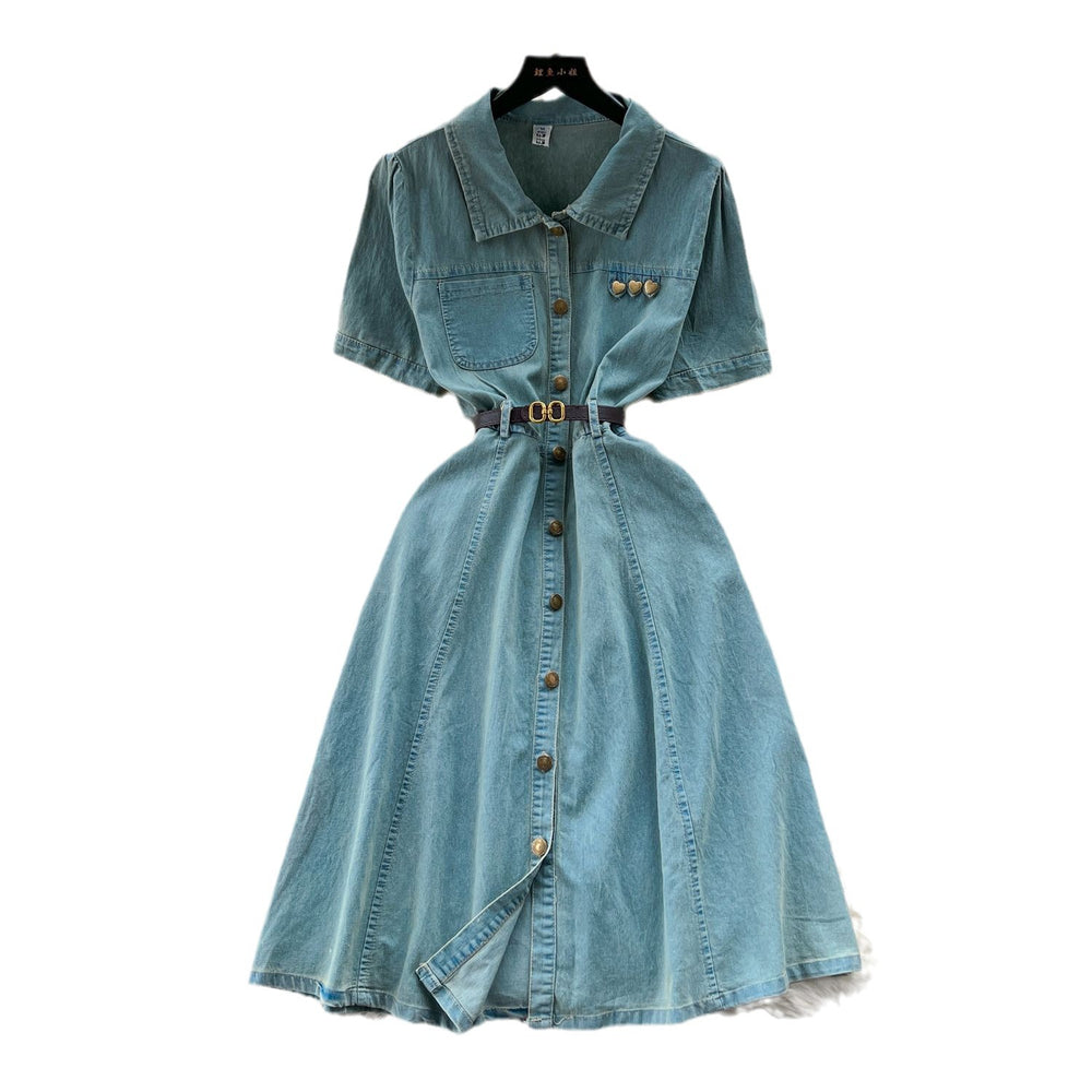 Short-sleeved dress women's summer wear new arrivalk-style polo collar single-breasted waist a-line mid-length denim skirt