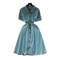 Short-sleeved dress women's summer wear new arrivalk-style polo collar single-breasted waist a-line mid-length denim skirt