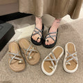 Best selling pearl rhinestone toe slippers women's summer outwear new thick sole wedge heel flip flops roman beach sandals