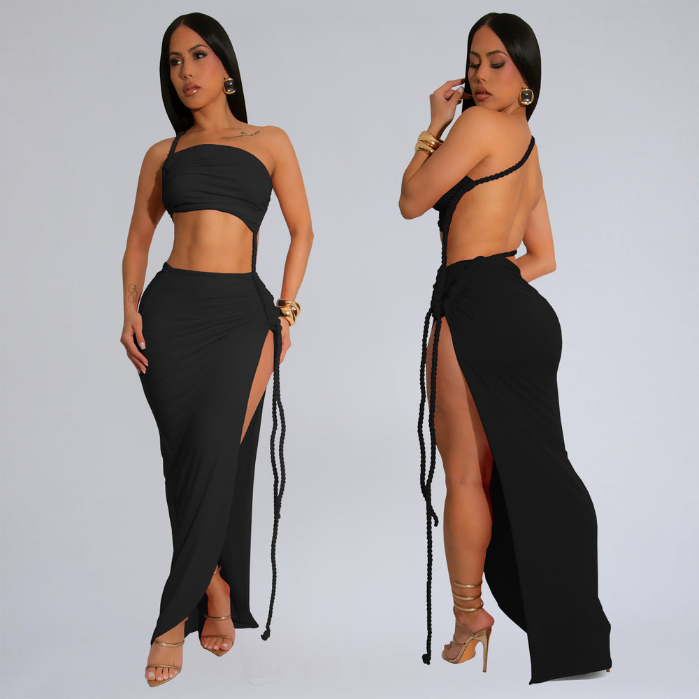 C7342 cross-border   fashion women's summer casual wrap chest side slit sexy long skirt