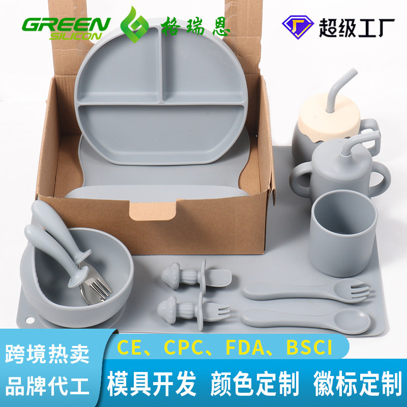 Baby silicone tableware 6-piece set Children's silicone bowl Suction cup Plate Water cup Wooden handle Fork spoon Wholesale Spot tableware