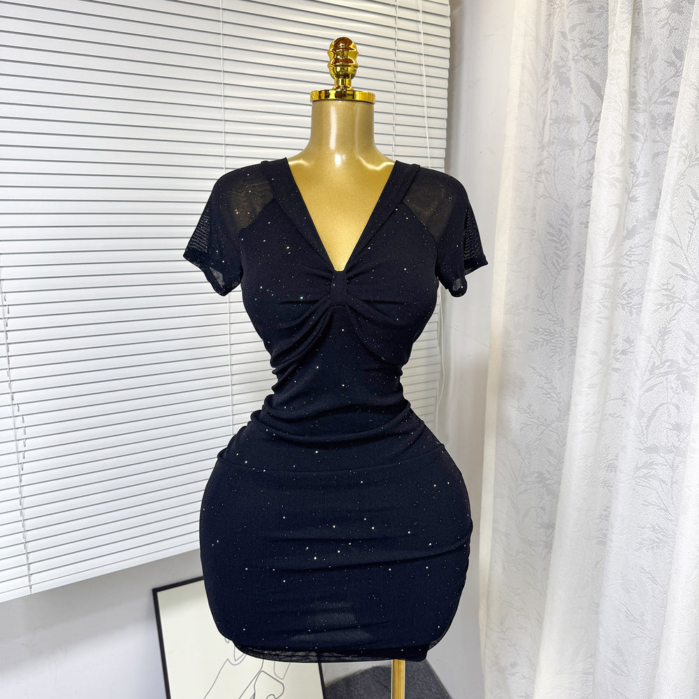 summer new arrival: stretch mesh mini dress - v-neck, sexy, bodycon, and figure-hugging