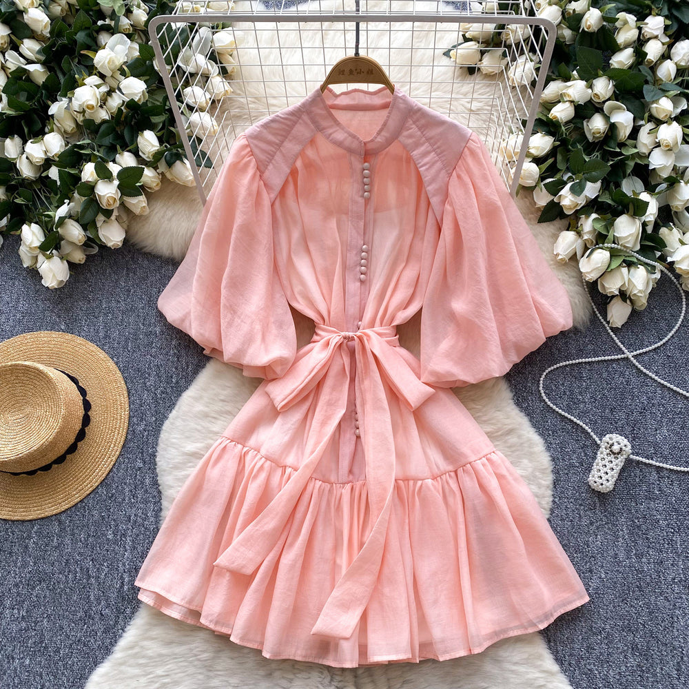 French retro bubble sleeve shirt dress with tie-waist and tulle detail – a unique and exquisite mid-length dress