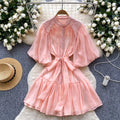 French retro bubble sleeve shirt dress with tie-waist and tulle detail – a unique and exquisite mid-length dress