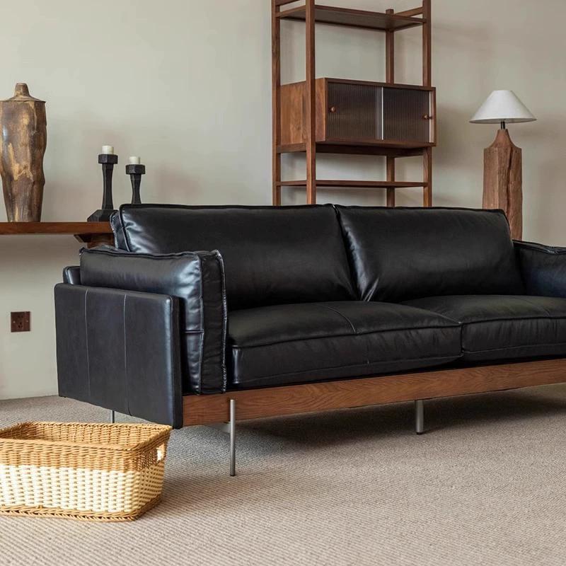 Tal sofa first layer cowhide black frenchretro medieval style straight row three slot solid wood full leather sofa