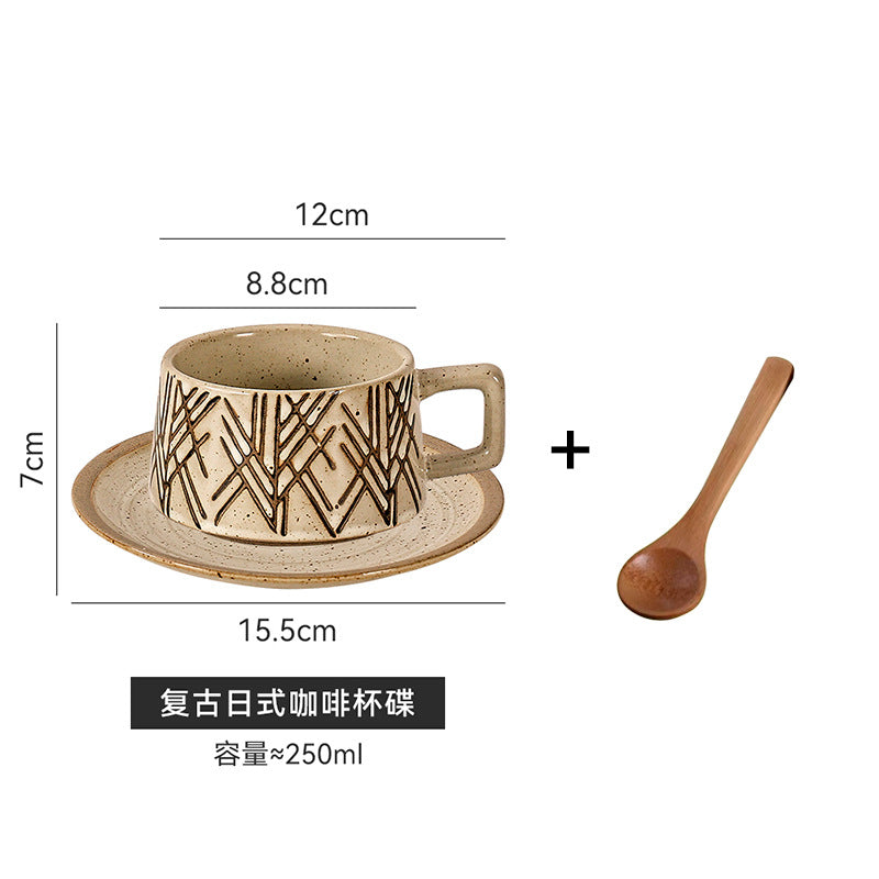 Vintage stoneware underglaze coffee cup and saucer set - ceramic drinking cup - office milk tea cup - high-style terracotta tea cup