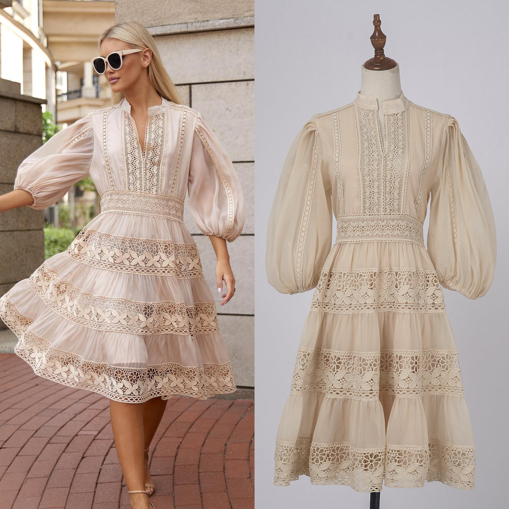export solid color organza dress with semi-open collar, lantern sleeves, mid-sleeve, lace patchwork, and cinched waist mini dress