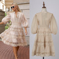 export solid color organza dress with semi-open collar, lantern sleeves, mid-sleeve, lace patchwork, and cinched waist mini dress