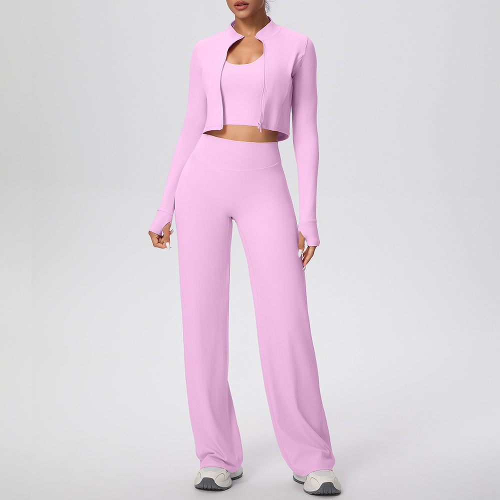 pure color brushed tight halter vest wide-leg long three-piece set sports running fitness yoga clothes suit