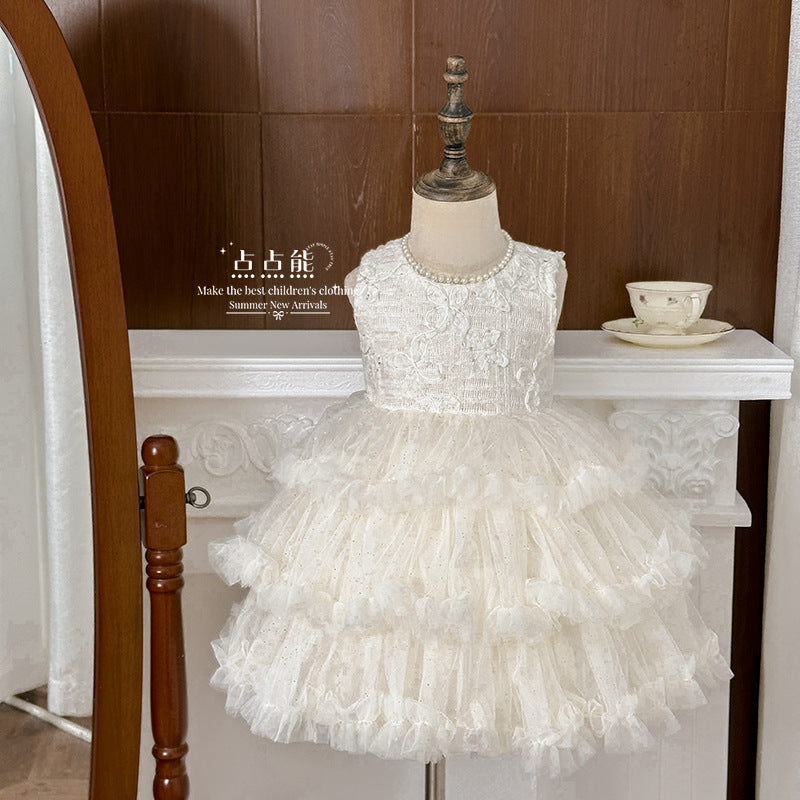 summer new girls' fashion floral embroidered sleeveless puffy soft tulle skirt chic and stylish dress princess dress