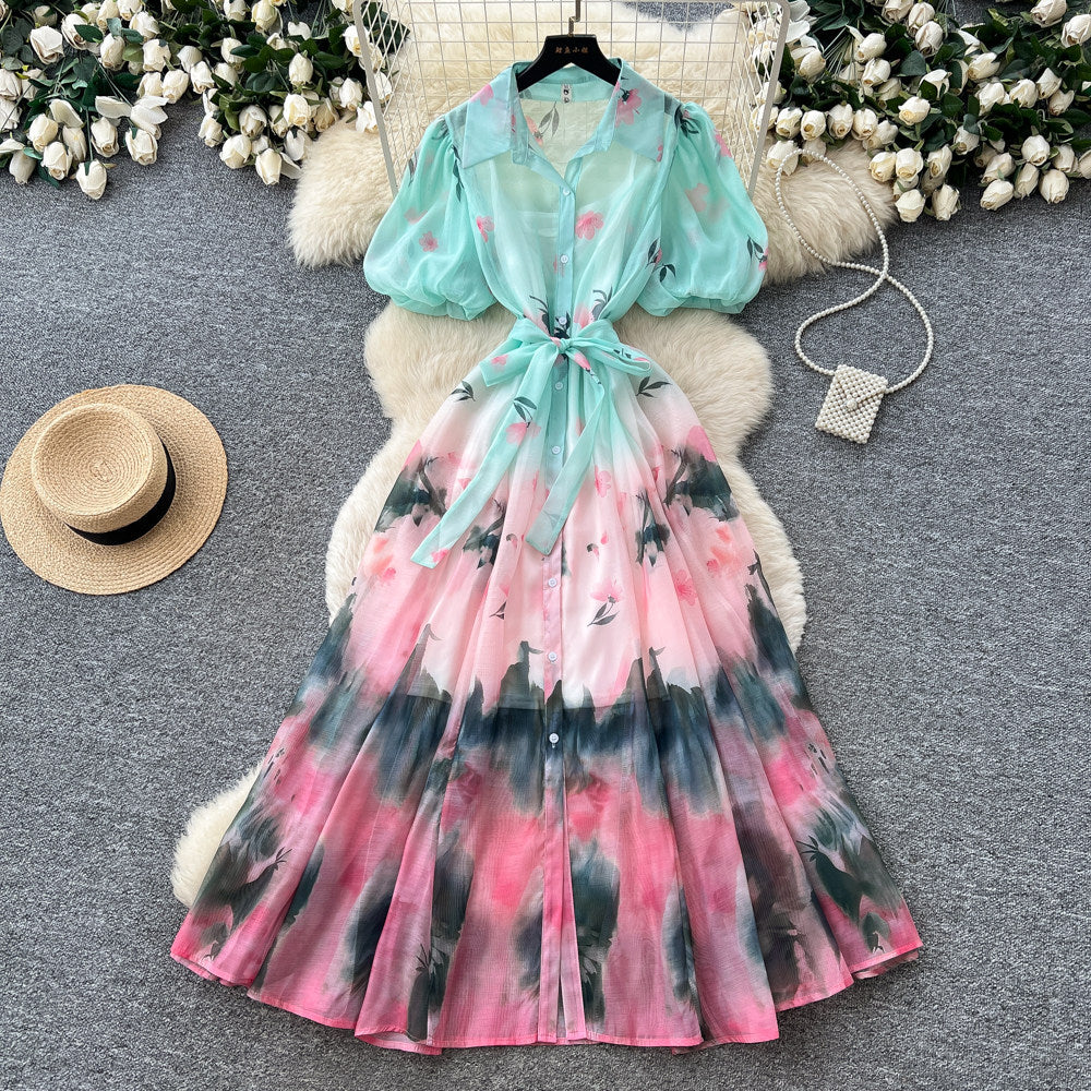Light mature style tie-dye gradient printingshirt skirt women's summer lapel lantern sleeve tie back waist a-line long skirtelegant