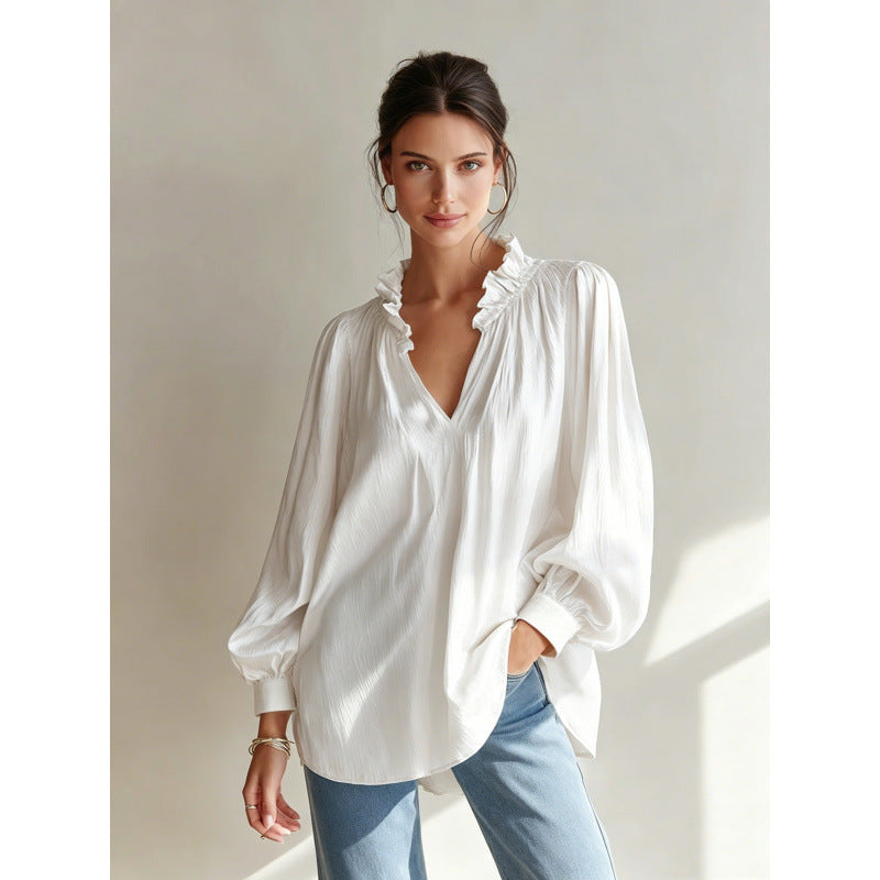 european and american cross-border women's fashion new arrival: v-neck ruffle trim solid color long sleeve versatile blouse