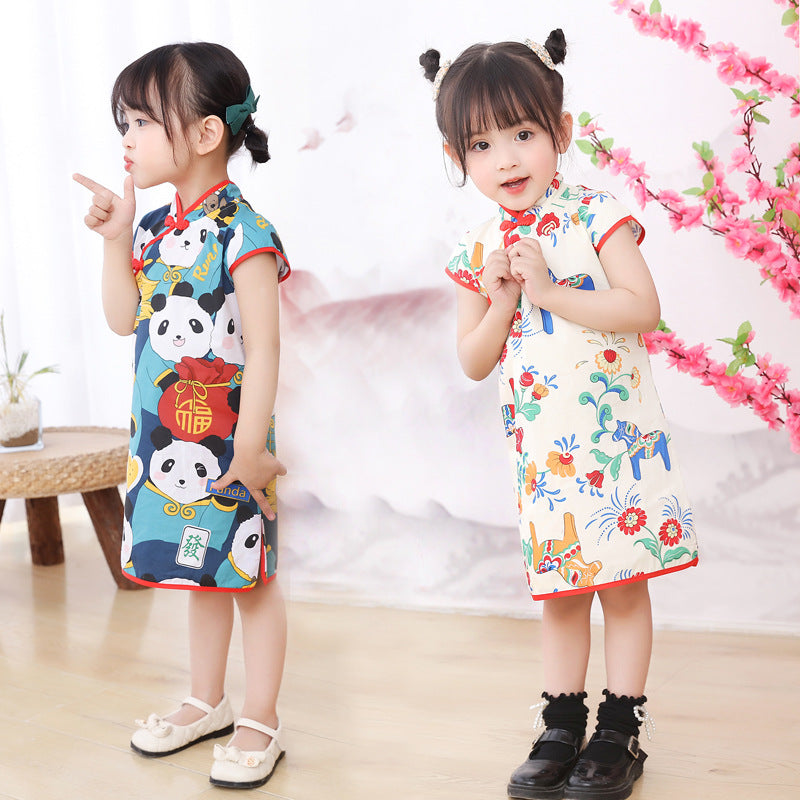 Tang suit ethnic cheongsam spring summer dress kidshan dynasty improved children's clothing small and medium-sized children's princess dress short-sleeved children's dress